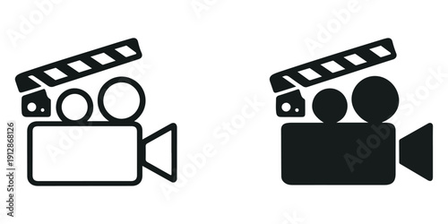 A professional vector illustration featuring a black movie camera icon set and film clapper board symbols designed for web business technology and modern internet video sign interfaces