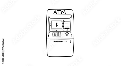 Hand drawn line art illustration of an automated teller machine showcasing financial services and