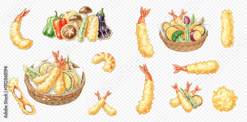 Delicious Japanese tempura collection with various fried shrimp and vegetables, isolated on a transparent background.