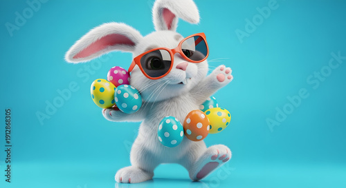 Playful bunny juggling vibrant colorful Easter eggs in sky background