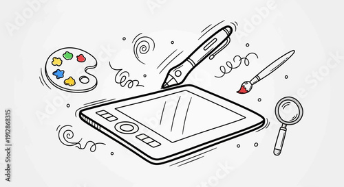 Creative digital tools composition with graphic tablet pen paintbrush and palette showcasing