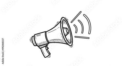 Hand drawn megaphone with sound waves on white background for promotion and announcements