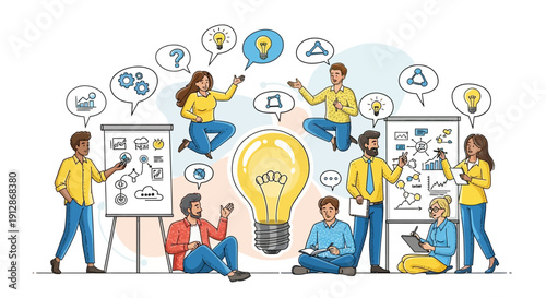 Teamwork and brainstorming session sparking creative ideas with bulb illustration