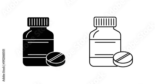 Medication bottles with pills icon set, pill bottle and tablet illustration Vector
