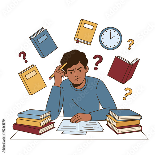 Stressed young Indian student studying at desk surrounded by floating books and question marks