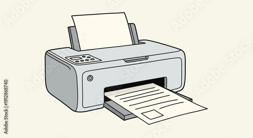 Illustration of an ink printer printing a document in an office setting for productivity