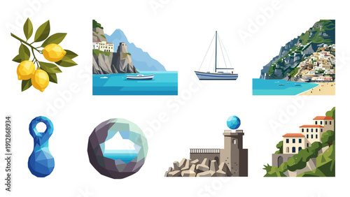 Low poly amalfi coast elements with lemons, mountains, sailboat, and italian buildings