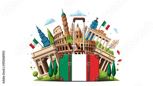 Italian adventure: iconic landmarks and culture with flag design for travel themes