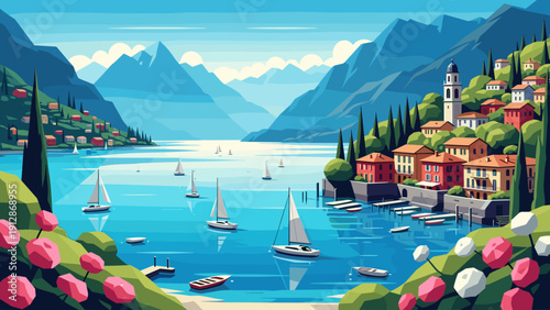Idyllic lakeside village with sailboats and mountains in vibrant flat art style