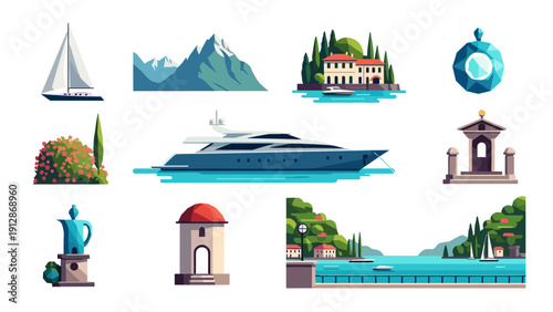 Modern nautical scene with yacht, coastal architecture, and mountains