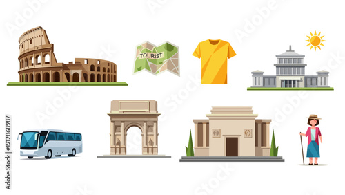 European travel icons featuring landmarks, clothing, and transportation for tourism