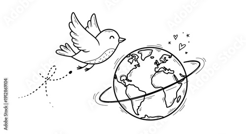 Doodle illustration of world peace with a flying bird delivering a message of love and harmony to