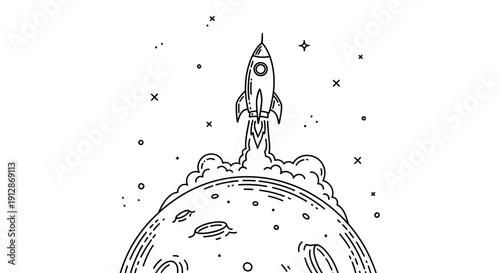 Hand drawn cartoon style rocket launch from a planet into space exploration concept