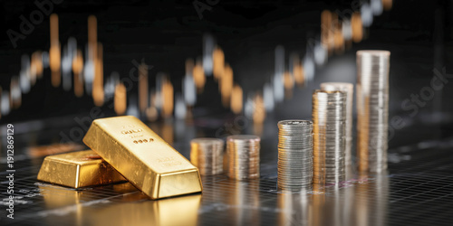 Gold bars lie beside neatly stacked silver coins on a reflective trading surface, with glowing upward candlestick charts in the background symbolizing growth, prosperity, and diversified investment st