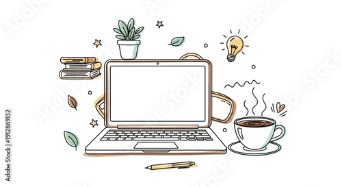 Creative workspace with laptop, coffee, books, and plant for productive work