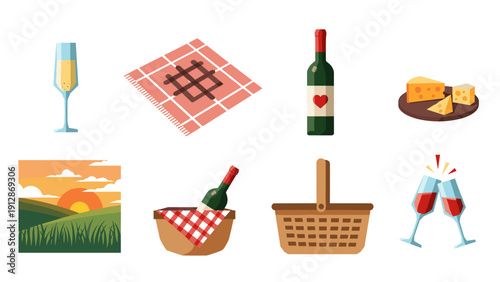 Picnic set with wine, cheese, and sunset elements in flat design