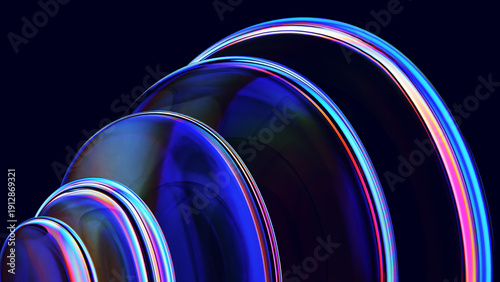 Abstract iridescent glass rings rippling with light dispersion and reflection on a black background