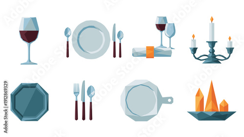 Geometric dining set collection with wine glasses and candle holder