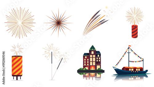 Festive fireworks and sparklers with celebratory boat and building design