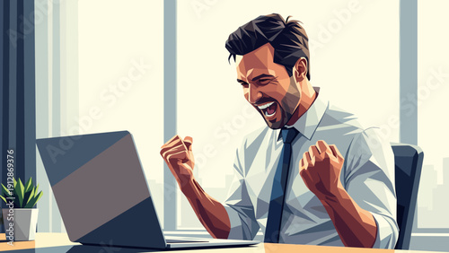 Triumphant office worker celebrating success at laptop in modern workplace setting