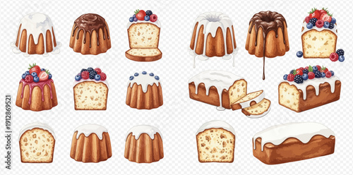 Set of delicious bundt cakes and loaves with icing and fresh berries, perfect for celebrations and desserts.