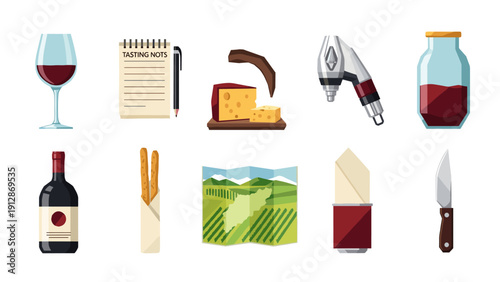 Gourmet wine and cheese set with culinary tools and notes