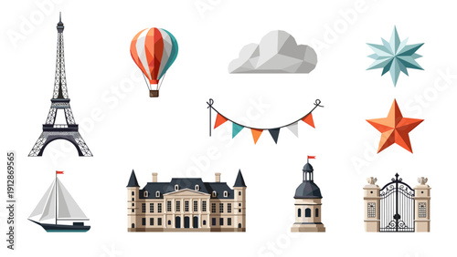 Parisian landmarks and festive elements in geometric art style