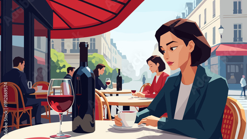 Chic parisian cafe scene with red wine and coffee in modern city setting