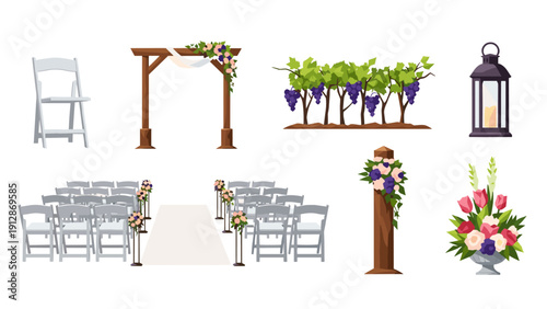 Elegant outdoor wedding decor with floral arch and seating arrangement
