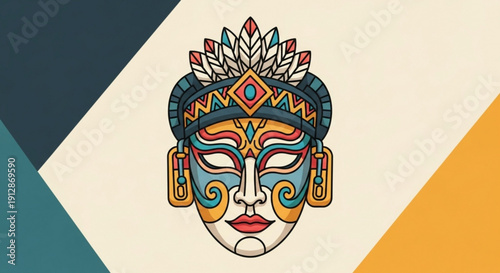Vibrant tribal mask illustration with geometric patterns on face colorful headdress and bold lipstick