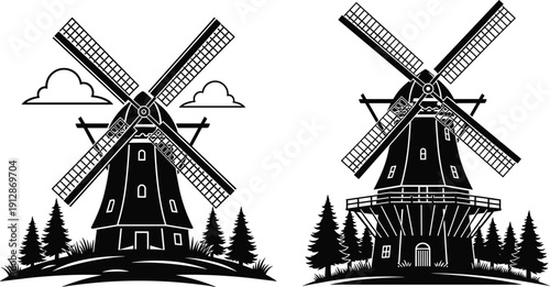 Windmill silhouette illustration set, traditional Dutch windmills landscape, black and white vintage rural design, isolated vector icon collection