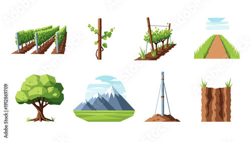 Vineyard and agriculture elements collection featuring low poly landscape and terrain design