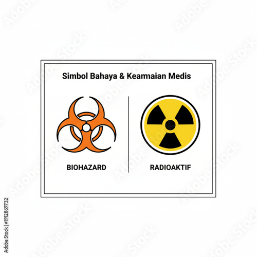 Biohazard and radioactive warning symbols, medical safety danger signs. 