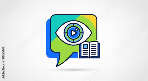 Multimedia learning concept with eye and speech bubble icons on colorful background for educational technology