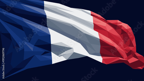 Geometric french flag with low poly design in tri-color waves