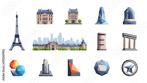 Paris landmarks and geometric shapes in modern flat icon set
