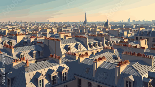 Aerial view of paris rooftops in warm afternoon light with eiffel tower in distance
