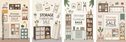 Stylish storage furniture sale with inviting colors and organized displays.