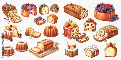 Watercolor illustration set of various delicious fruit cakes, loaves, and bundt cakes with toppings and slices.