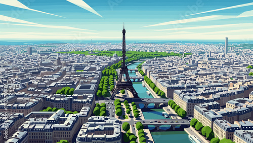 Aerial view of paris with eiffel tower and river seine in summer