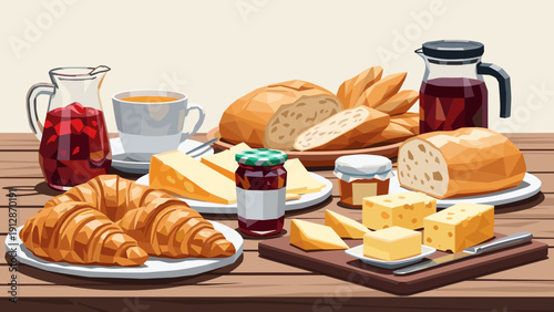 Geometric breakfast feast with bread, cheese, croissants, and beverages on wooden table