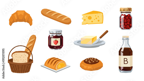 Delicious breakfast food icons featuring bread, cheese, marmalade, and butter