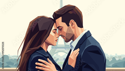 Romantic couple embrace in modern geometric parisian setting