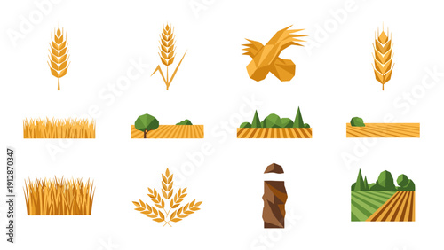 Geometric agriculture elements with stylized wheat and farmland designs