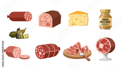 Assorted delicacies: sliced meats, cheese, mustard, and pickles on white