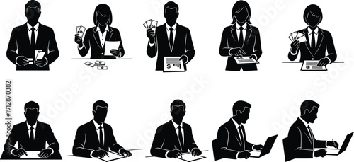 Business people silhouettes working with documents money and laptop isolated on white background professional office activity vector illustration set