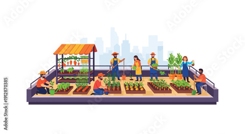 Rooftop garden with diverse people tending to plants and vegetables