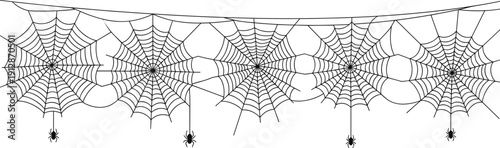 Halloween spider web border with hanging spiders isolated on white background spooky decoration concept seamless horizontal illustration design element