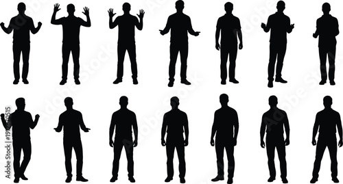 Male silhouettes in various standing and gesturing poses isolated on white background human body language vector illustration set