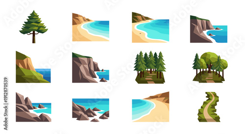 Geometric nature set: beaches, cliffs, and forest trails in modern design